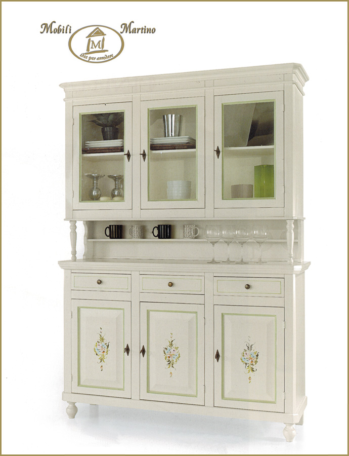 Credenza napoletana bianco anticato in legno massello cristalliera